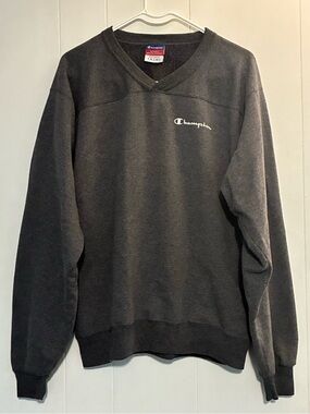 Vintage Champion Men's Charcoal V-Neck Pullover with Script Logo Made in Mexico